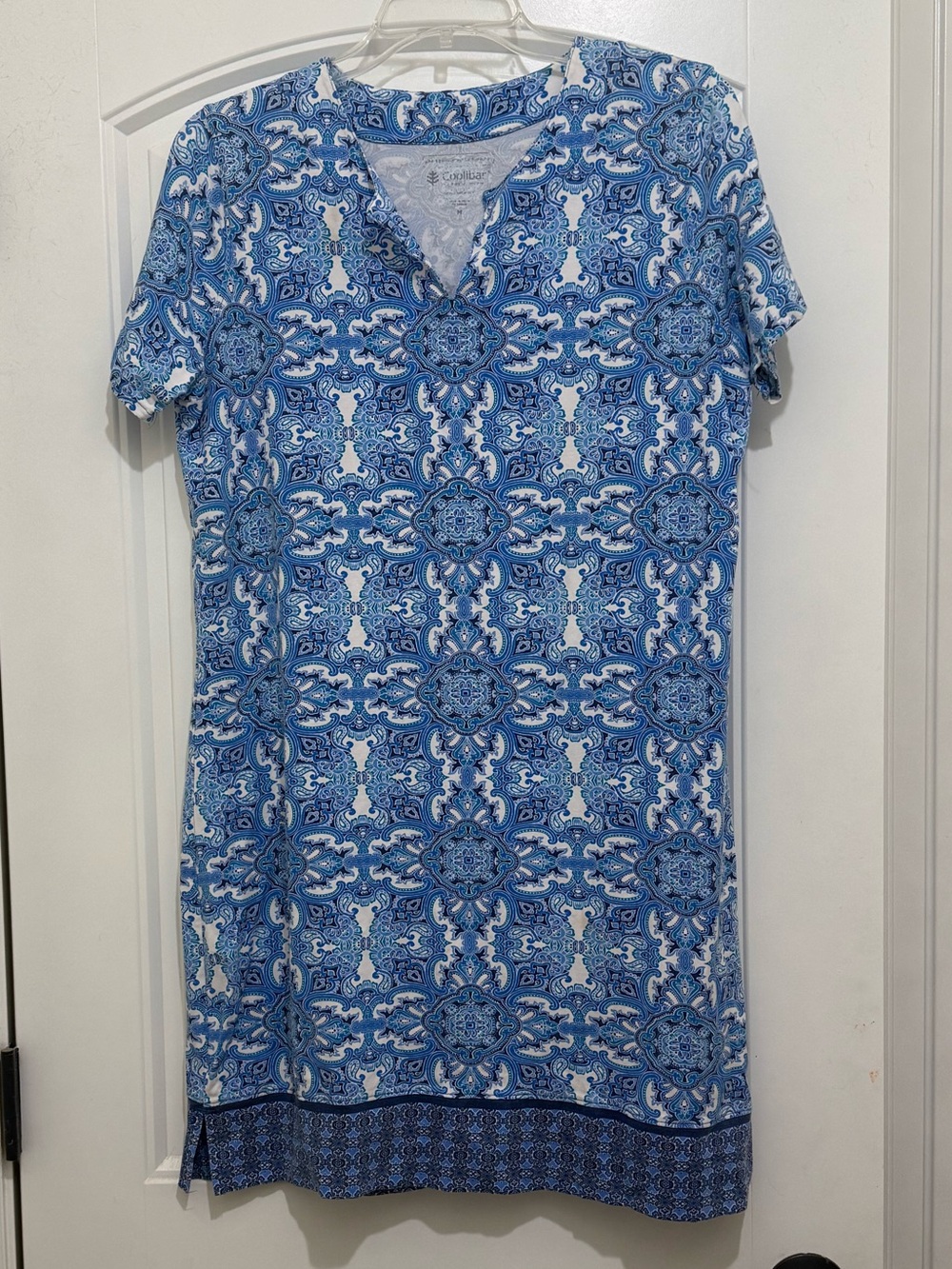 Coolibar UPF Sun Protection Blue Paisley Short Sleeve Shift Dress Womens Medium